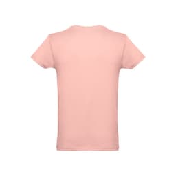 A men's tubular cotton T-shirt in soft pink, featuring a plain back design and a logo on the label.