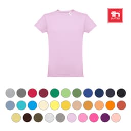 A pink men's tubular cotton T-shirt displayed with a variety of colour swatches below. The image includes a logo.