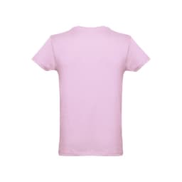 A pink men's tubular cotton T-shirt with short sleeves. The back view displays a simple design with a logo.