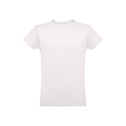 A plain white men's tubular cotton T-shirt with a label at the neckline and no visible graphics or designs.