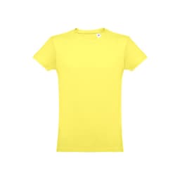 A yellow men's tubular cotton T-shirt displayed on a plain background, featuring a logo on the label.