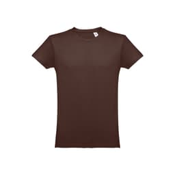 A men's tubular cotton T-shirt in a rich brown colour, featuring a simple design and a branding label.
