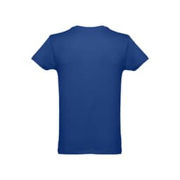 A blue men's tubular cotton T-shirt featuring a plain back design and short sleeves. It has a small logo at the neck.