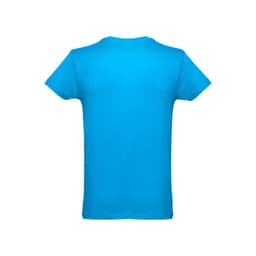 A blue men's tubular cotton T-shirt featuring a solid design and a logo.