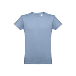 A light blue men's tubular cotton T-shirt with a crew neck and a tag. It has a simple design with a logo.