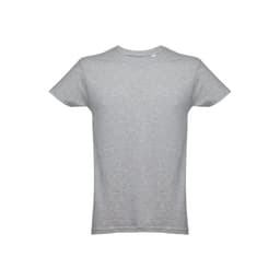 A grey men's tubular cotton T-shirt displayed flat, featuring short sleeves and a simple design.