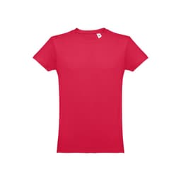 A red men's tubular cotton T-shirt displayed against a plain background. It features a tag and a small logo.