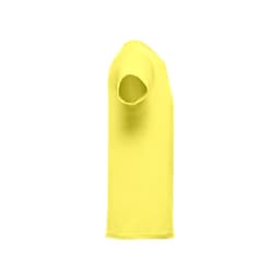 A yellow men's tubular cotton T-shirt displayed from the side, featuring a simple design and an attached logo.
