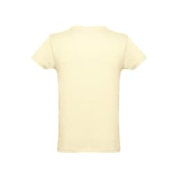 A men's tubular cotton T-shirt in a light cream colour, featuring a plain back and a logo.