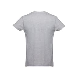 A grey men's tubular cotton T-shirt featuring a plain design and a branding logo.