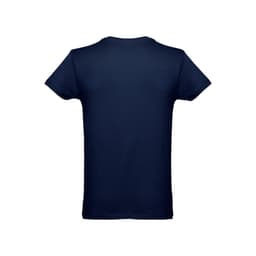 A men's tubular cotton T-shirt in navy blue, featuring a brand logo, shown from the back.