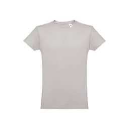 A men's tubular cotton T-shirt in grey, featuring a simple design and a logo on the label.