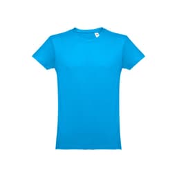 A tubular men's T-shirt in bright blue, featuring a logo on the label.
