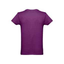 A men's tubular cotton T-shirt in a vibrant purple colour, featuring a simple design and branding on the back.