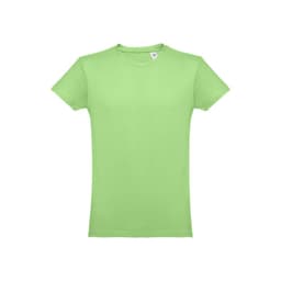 A men's tubular cotton T-shirt in a light green colour, featuring a label and a plain design.