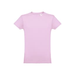 A men's tubular cotton T-shirt in a soft pink colour, featuring a label at the neck.