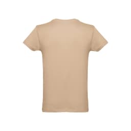 A beige men's tubular cotton T-shirt, featuring a plain design with a logo at the back.