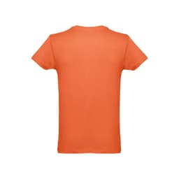 An orange men's tubular cotton T-shirt featuring a plain back and a logo at the neck.