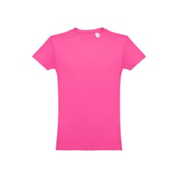 A pink men's tubular cotton T-shirt featuring a tag at the neckline and no visible designs or logos.