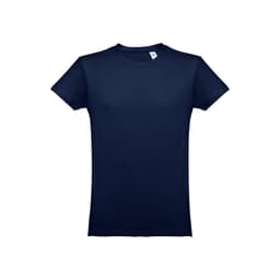 A men's tubular cotton T-shirt in navy blue with a label and no visible logos.