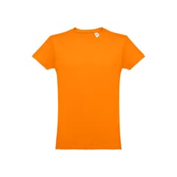 An orange men's tubular cotton T-shirt with a round neck and short sleeves, featuring a logo.