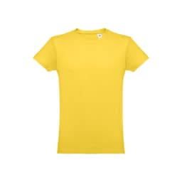 A yellow men's tubular cotton T-shirt featuring a tag at the neckline and a logo.