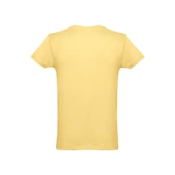 A men's tubular cotton T-shirt in a soft yellow colour, featuring a logo on the back.