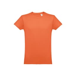 An orange men's tubular cotton T-shirt featuring a round neckline and short sleeves. It has a brand logo.