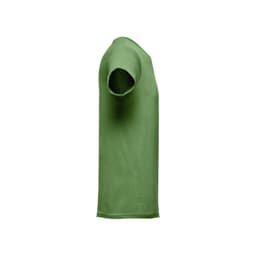 A green tubular cotton T-shirt for men, featuring short sleeves and a simple design. It has a logo on the garment.
