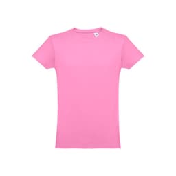 A pink men's tubular cotton T-shirt featuring a neckline and short sleeves, with a logo on the label.