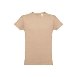 A men's tubular cotton T-shirt in a beige colour with a label tag and no visible graphics or designs.