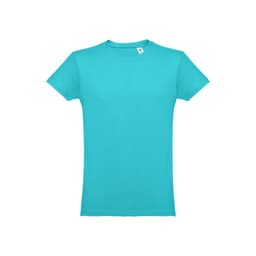 A turquoise men's tubular cotton T-shirt, featuring a crew neck and short sleeves, with a branding label.