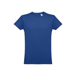 A blue men's tubular cotton T-shirt with a tag label and no graphics.