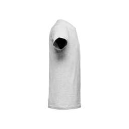 A grey tubular cotton T-shirt for men featuring short sleeves and a rounded neck, including a logo.