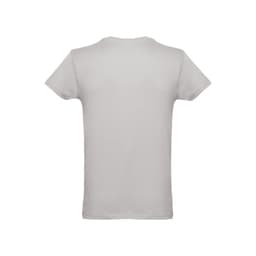 A men's tubular cotton T-shirt in light grey, featuring a simple design with a logo present.