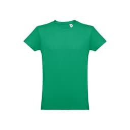 A green men's tubular cotton T-shirt with a label and no visible logos.