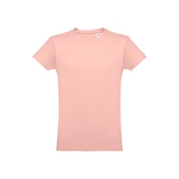 A men's tubular cotton T-shirt in a soft peach colour, featuring a label and no visible branding.