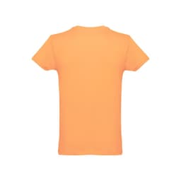 A men's tubular cotton T-shirt in a vibrant orange colour, featuring a logo on the back.