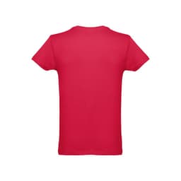 A red men's tubular cotton T-shirt with a plain back and short sleeves, featuring a branding logo.