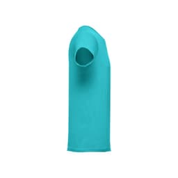 A turquoise men's tubular cotton T-shirt displayed from the side, featuring a simple design and a logo.