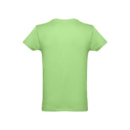 A mint green, men's tubular cotton T-shirt featuring a logo on the back.