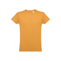 A men's tubular cotton T-shirt in a vibrant mustard yellow colour, featuring a logo.