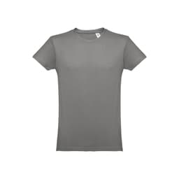 A grey men's tubular cotton T-shirt with a round neckline and short sleeves. It features a logo tag.