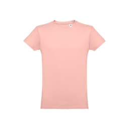 A men's tubular cotton T-shirt in a soft pink shade, featuring a label and no visible logos.