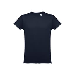 A navy blue men's tubular cotton T-shirt with a simple design and a branding label on the neck.