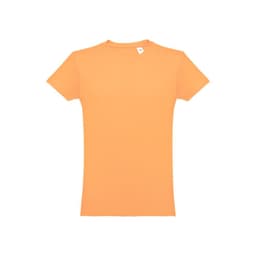 An orange men's tubular cotton T-shirt with a plain design and a small label at the neckline.
