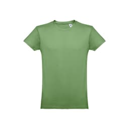 A men's tubular cotton T-shirt in a light green shade, featuring a logo on the tag.