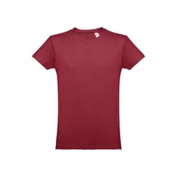 A men's tubular cotton T-shirt in a rich burgundy colour, featuring a simple design and a logo on the label.