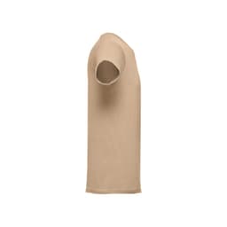 A beige men's tubular cotton T-shirt displayed from the side, featuring a simple design and a logo.