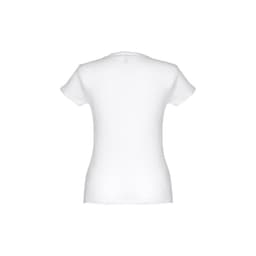 A women's fitted short-sleeve T-shirt in white, showcasing a plain back design. It features a logo.